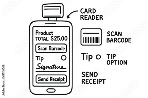 Mobile POS Doodles. Mobile POS: hand drawn doodles of smartphone with card reader, product total, scan barcode, tip option,