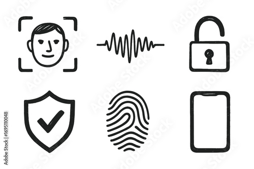 Biometric Security Doodles. Voice + face ID: hand drawn doodles of biometric face scan, speech wave, unlock icon, secure shield,