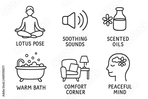 Relaxation Doodle Icons. Relaxation icons: hand drawn doodles of lotus pose, soothing sounds, scented oils, warm bath, comfort