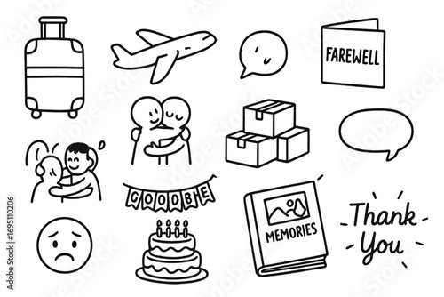 Farewell Celebration Icons. Farewell party doodle icon set: hand drawn icons of travel suitcase, airplane icon, farewell card,