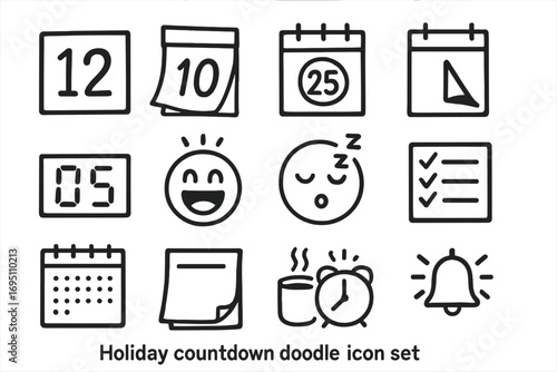 Holiday Countdown Doodle Set. Holiday countdown doodle icon set: hand drawn icons of numbered blocks, calendar tear,