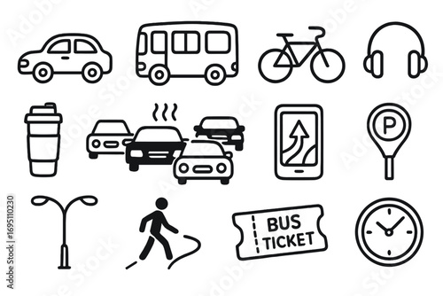 Morning Commute Icons. Morning commute doodle icon set: hand drawn icons of car, bus, bike, headphones, coffee thermos, traffic