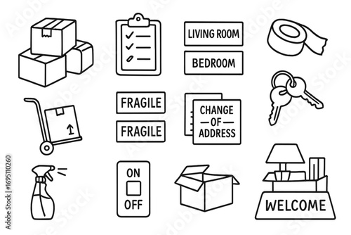 Moving Day Essentials. Moving day doodle icon set: hand drawn icons of packing boxes, tape roll, checklist, labels, dolly cart,