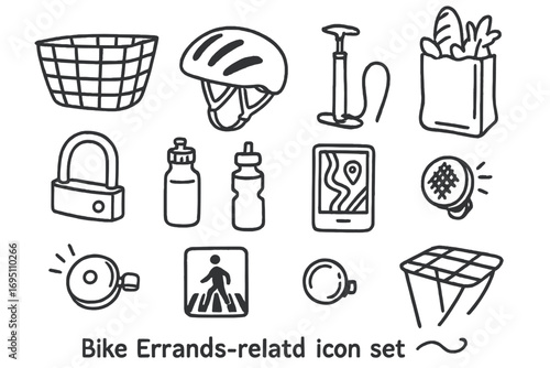 Bicycle Doodle Icons. Bike errands doodle icon set: hand drawn icons of basket, helmet, grocery bag, bike lock, water bottle, tire
