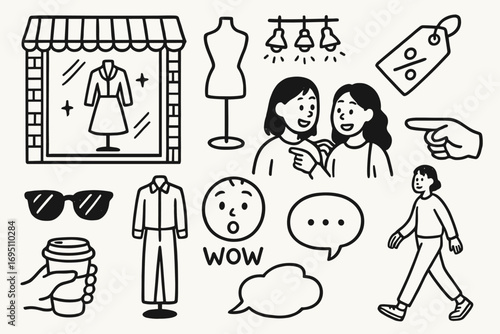 Window Shopping Icons. Window shopping doodle icon set: hand drawn icons of store window, mannequin, display lights, price tag,