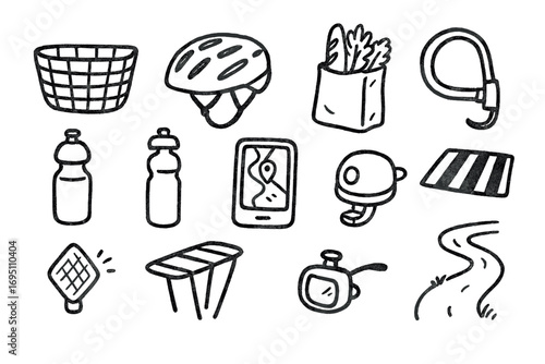 Bicycle Doodle Icons. Bike errands doodle icon set: hand drawn icons of basket, helmet, grocery bag, bike lock, water bottle, tire
