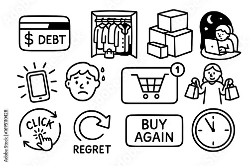 Shopping Addiction Icons. Shopping addiction doodle icon set: hand drawn icons of credit debt, overfilled closet, many boxes, late