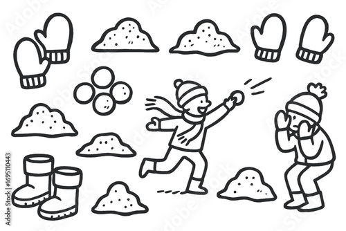 Snowball Fight Doodle. Snowball fight doodle set: hand drawn icons for mittens, snow mounds, boots, and playful moments, isolated