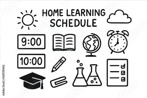 Home Learning Doodles. Home learning schedule doodle set: hand drawn icons for blocks of time, subjects, and checklists, isolated