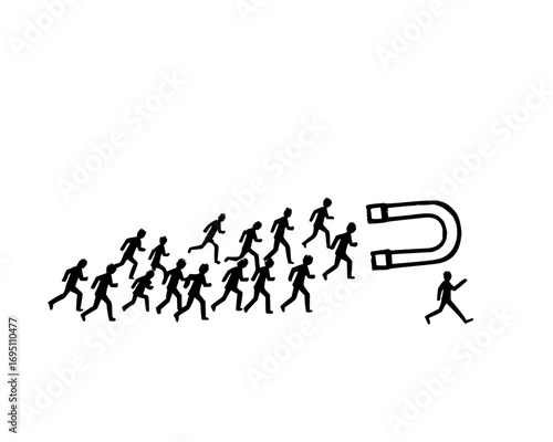 Vector art of group of silhouette runners being attracted by a giant magnet, symbolizing motivation, teamwork, leadership, and the power of attraction in business and collaboration