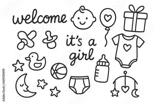 New Baby Doodle Set. New baby arrival doodle set: hand drawn icons for welcome signs, gifts, and nursery items, isolated