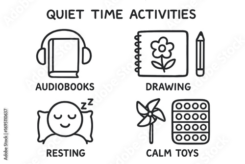 Quiet Time Icons. Quiet time activities doodle set: hand drawn icons for audiobooks, drawing, resting, and calm toys, isolated