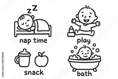 Toddler Daily Routine. Daily rhythm for toddlers doodle set: hand drawn icons for nap time, play, snack, and bath, isolated
