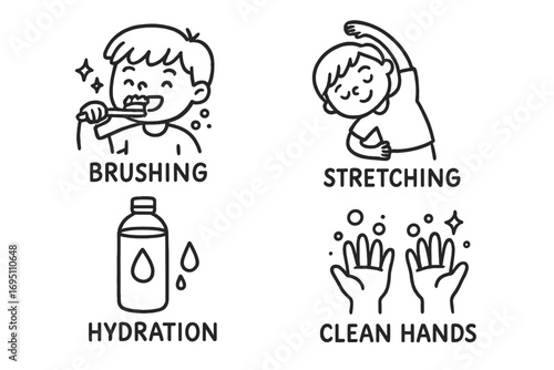 Kids' Healthy Habits. Kids healthy habits doodle set: hand drawn icons for brushing, stretching, hydration, and clean hands,