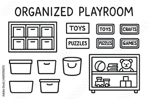Playroom Storage Doodles. Organized playroom doodle set: hand drawn icons for storage cubes, labels, bins, and open shelves,