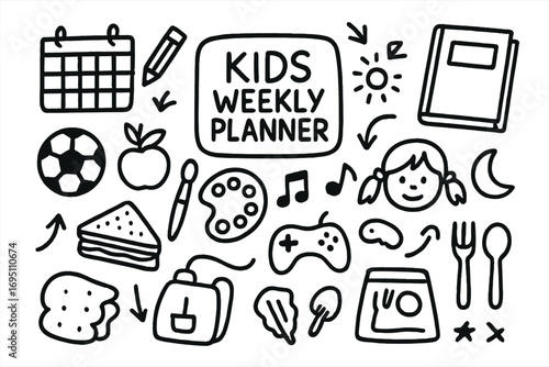 Kids Planner Doodles. Kids weekly planner doodle set: hand drawn icons for activities, icons, and visual scheduling, isolated