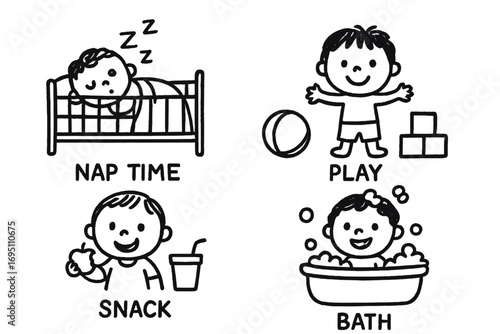 Toddler Daily Routine. Daily rhythm for toddlers doodle set: hand drawn icons for nap time, play, snack, and bath, isolated