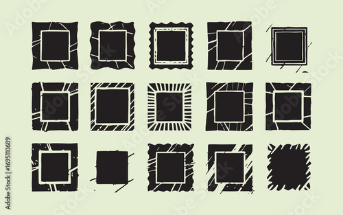 Collection of grunge and distressed black picture frames on a light background