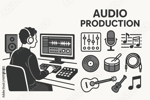 Studio Audio Production. Horizontal vector banner featuring music producer in studio and comprehensive audio production icon set