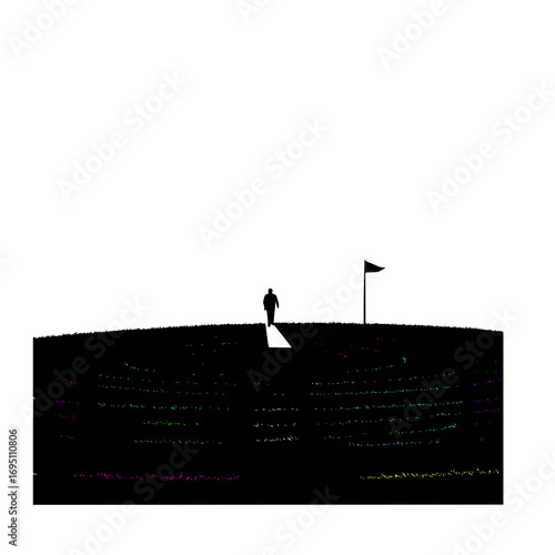 Vector art of silhouette of person standing on a cliff edge with a flag under the starry night sky, symbolizing ambition, leadership, achievement, and visionary goals