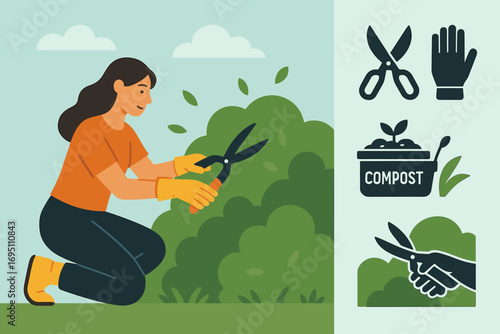 Gardening Tools and Techniques. Flat vector banner illustrating woman pruning bushes and comprehensive icon set for shears, gloves
