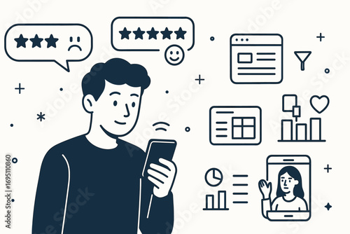Compare Products Efficiently. Horizontal vector banner featuring person comparing reviews on phone and comprehensive product