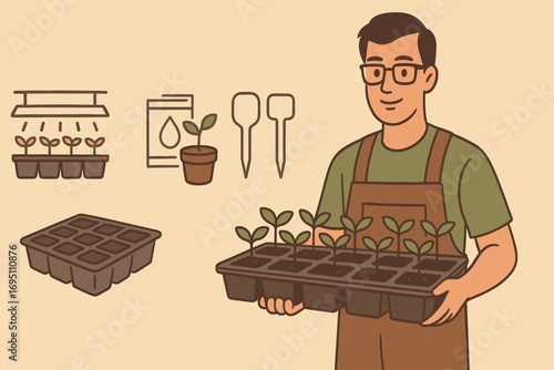 Gardening Essentials Banner. Flat horizontal banner showing gardener with seedling trays and seed-starting icon set for