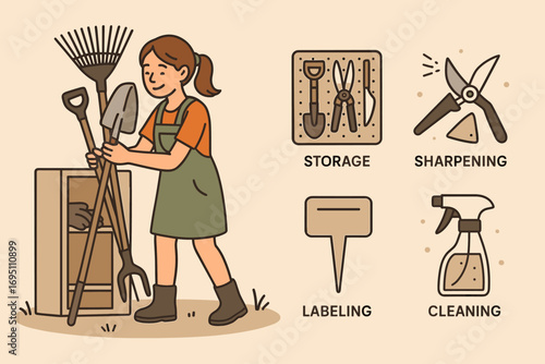 Garden Tools Organization. Horizontal vector banner depicting girl collecting garden tools and garden maintenance icon set for
