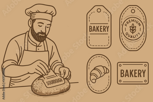 Bakery Branding Elements. Flat horizontal banner with baker placing label on sourdough loaf and branding icon set for stamps,