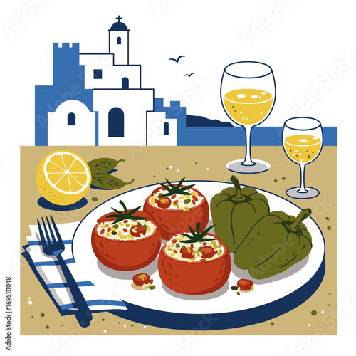 Stuffed tomatoes and peppers with rice and herbs in modern Mediterranean Greek style, crisp clean vector illustration with bold flat color shapes and high-contrast geometry