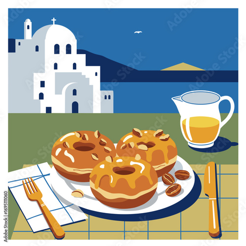Loukoumades (Greek donuts) with honey and nuts in modern Mediterranean Greek vector illustration, bold flat colors and high-contrast geometric design