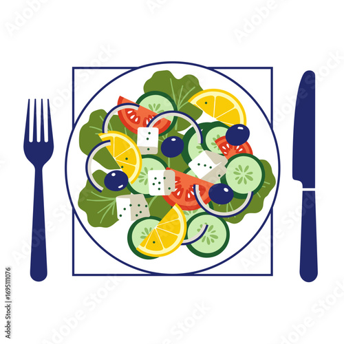 Greek salad with feta, olives, and cucumber slices in modern Mediterranean Greek style — crisp clean vector illustration with bold flat color shapes and high-contrast geometry