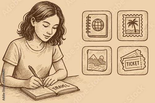 Travel Journal Inspiration. Scene banner with woman writing in travel journal and travel memory icon set for notebooks, stamps,