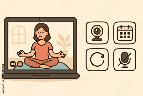 Virtual Yoga Session. Cartoon-style horizontal panel showing yoga coach on video call and online yoga icon set for webcam,