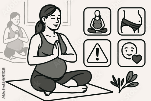 Prenatal Yoga Guide. Vector strip showing pregnant woman in class and prenatal yoga icon set for safe poses, belly support,