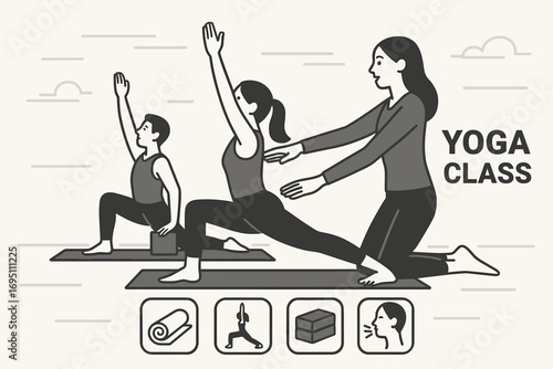 Yoga Class Essentials. Horizontal vector banner showing yoga instructor guiding class and yoga icon set for mats, poses, alignment