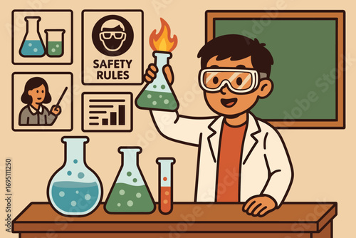 Classroom Chemistry Demonstration. Scene with student conducting chemistry demo and education icon set for classroom beakers,