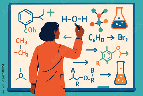 Researcher in Chemistry Lab. Colorful scene of researcher writing equations and theoretical chemistry icon set for molecular