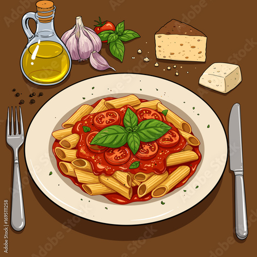 Hearty pasta with tomato sauce and basil in bold vector illustration, rustic Italian dish with garlic, olive oil, and woodgrain table details