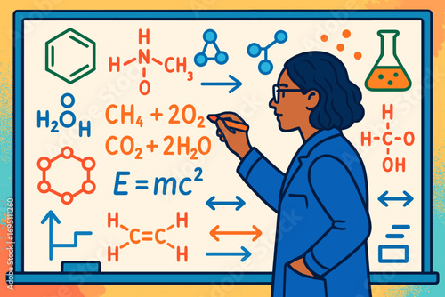 Researcher in Chemistry Lab. Colorful scene of researcher writing equations and theoretical chemistry icon set for molecular