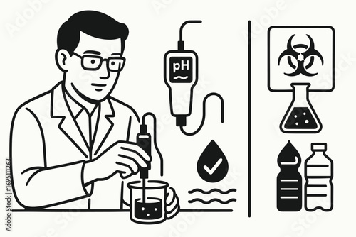 Water Quality Testing. Horizontal vector artwork of scientist testing water quality and environmental chemistry icon set for pH