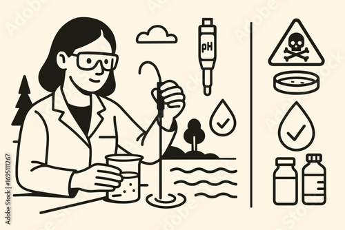 Water Quality Testing. Horizontal vector artwork of scientist testing water quality and environmental chemistry icon set for pH