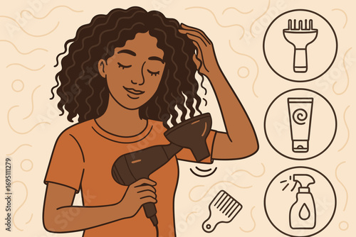 Curly Hair Care Essentials. Creative vector layout with woman styling curly hair and curl care icon set for diffuser, curl cream,