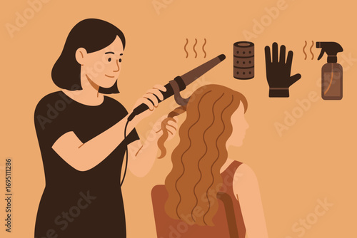 Hair Styling Essentials. Flat design banner featuring hairstylist curling long hair and heat styling icon set for wand, rollers,