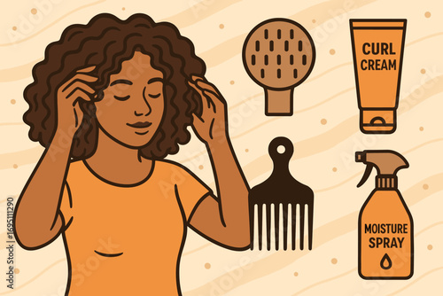 Curly Hair Care Essentials. Creative vector layout with woman styling curly hair and curl care icon set for diffuser, curl cream,