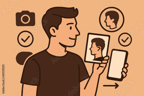 Haircut Inspiration Icons. Stylized flat vector of client showing haircut reference and hair inspiration icon set for photos,