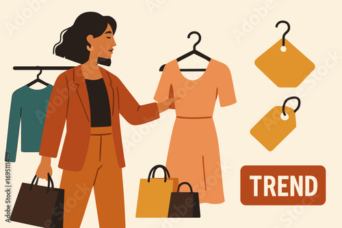 Fashion Shopping Icons. Flat vector illustration featuring stylish woman browsing clothes and shopping icon set for hangers, tags,