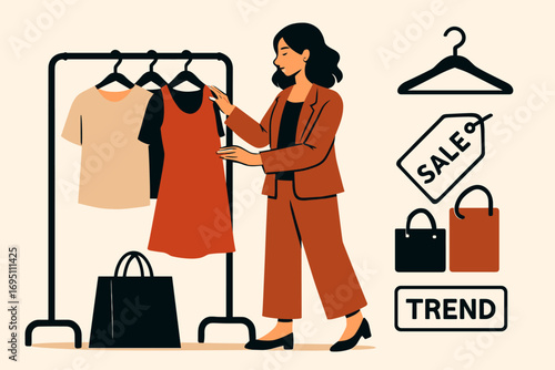 Fashion Shopping Icons. Flat vector illustration featuring stylish woman browsing clothes and shopping icon set for hangers, tags,