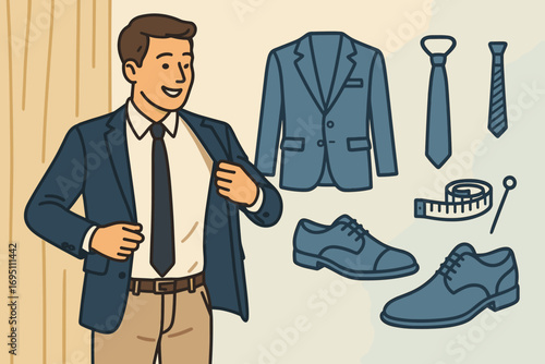 Stylish Menswear Fitting. Bright banner portraying man trying on jacket and menswear icon set for suit, tie, shoes and fitting