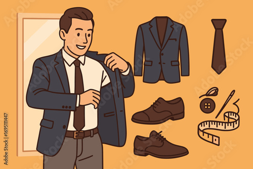 Stylish Menswear Fitting. Bright banner portraying man trying on jacket and menswear icon set for suit, tie, shoes and fitting